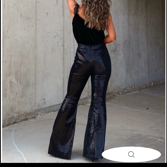 VICI Collection: I WILL SURVIVE SEQUIN FLARE PANTS - BLACK - Picture 3 of 5